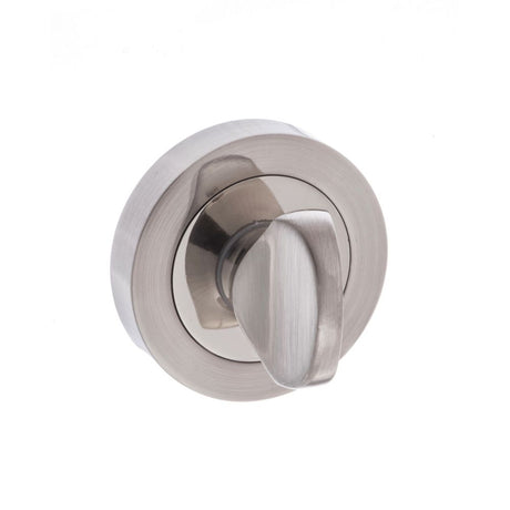 This is an image of Senza Pari WC Turn and Release on Round Rose - Satin Nickel/Polished Nickel available to order from Trade Door Handles.