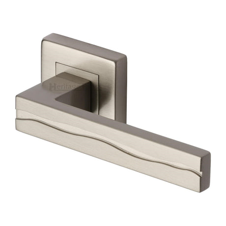 This is an image of a Heritage Brass - Door Handle Lever Latch on Square Rose Amazon Sq Design Satin Nickel finish, sq5440-sn that is available to order from Trade Door Handles in Kendal.