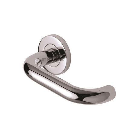 This is an image of a Steel Line Door Handle Lever Latch on Round Rose D Design Polished Stainless Steel finish, ss-451-p that is available to order from Trade Door Handles in Kendal.
