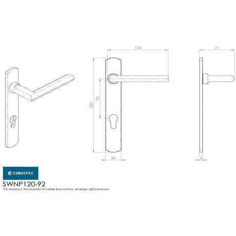 This image is a line drwaing of a Eurospec - Steelworx 316 Narrow Plate Straight Lever - Satin Stainless Steel available to order from Trade Door Handles in Kendal