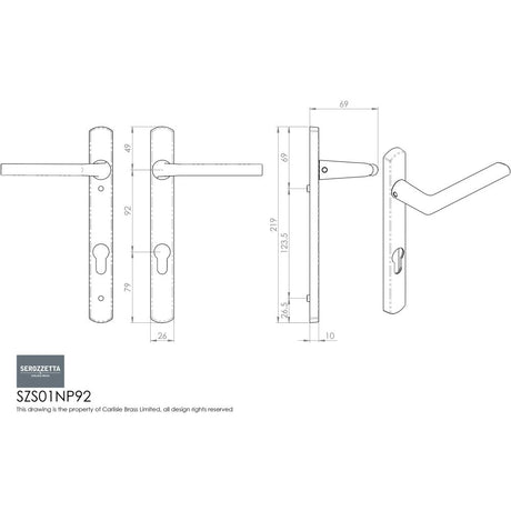 This image is a line drwaing of a Serozzetta - Rosa Lever on Narrow Plate 92mm c/c - Satin Chrome available to order from Trade Door Handles in Kendal