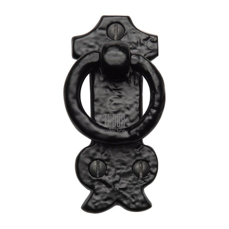 This is an image of a The Tudor Collection - Cabinet Ring Pull on Plate Black Iron, tc458 that is available to order from Trade Door Handles in Kendal.