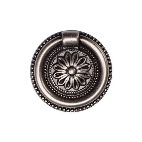 This is an image of a M.Marcus - Floral Ring Pull 047mm Distressed Pewter Finish, tk2224-047-dpw that is available to order from Trade Door Handles in Kendal.