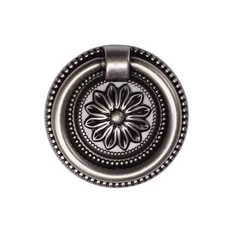 This is an image of a M.Marcus - Floral Ring Pull 055mm Distressed Pewter Finish, tk2224-055-dpw that is available to order from Trade Door Handles in Kendal.