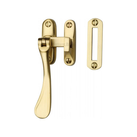 This is an image of a Heritage Brass - Casement Window Fastener Spoon Pattern Satin Brass Finish, v1003-mp-hp-sb that is available to order from Trade Door Handles in Kendal.