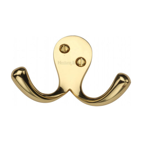 This is an image of a Heritage Brass - Double Coat Hook Polished Brass Finish, v1060-pb that is available to order from Trade Door Handles in Kendal.