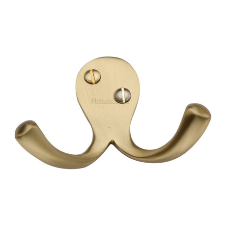 This is an image of a Heritage Brass - Double Coat Hook Satin Brass Finish, v1060-sb that is available to order from Trade Door Handles in Kendal.