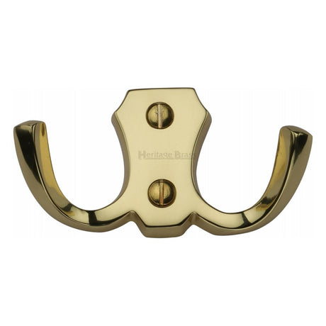 This is an image of a Heritage Brass - Double Coat Hook Polished Brass Finish, v1062-pb that is available to order from Trade Door Handles in Kendal.