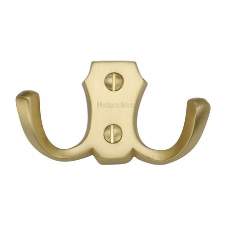 This is an image of a Heritage Brass - Double Coat Hook Satin Brass Finish, v1062-sb that is available to order from Trade Door Handles in Kendal.