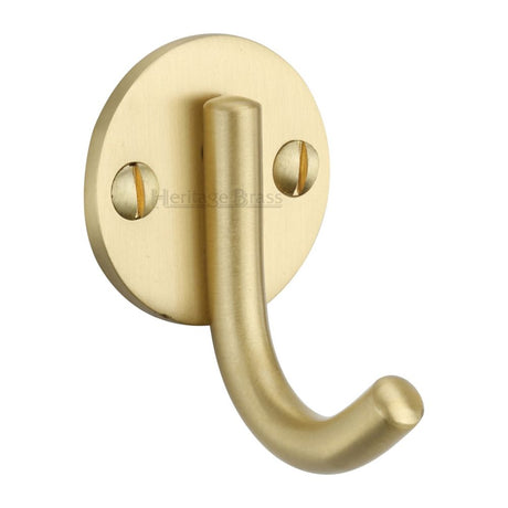 This is an image of a Heritage Brass - Single Robe Hook Satin Brass Finish, v1064-sb that is available to order from Trade Door Handles in Kendal.