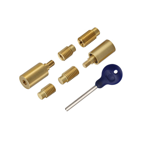 This is an image of a Heritage Brass - Sash Window Stop (pair) with key Satin Brass, v1108-sb that is available to order from Trade Door Handles in Kendal.