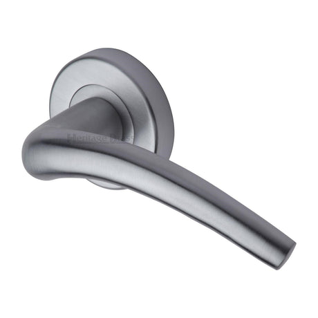 This is an image of a Heritage Brass - Door Handle Lever Latch on Round Rose Wing Design Satin Chrome finish, v1121-sc that is available to order from Trade Door Handles in Kendal.