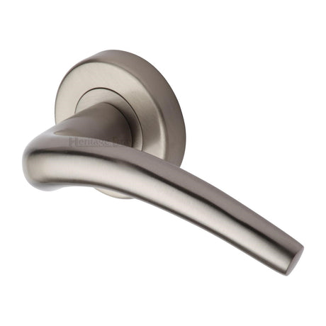 This is an image of a Heritage Brass - Door Handle Lever Latch on Round Rose Wing Design Satin Nickel finish, v1121-sn that is available to order from Trade Door Handles in Kendal.