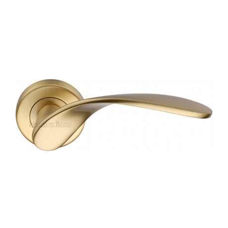 This is an image of a Heritage Brass - Door Handle Lever Latch on Round Rose Volo Design Satin Brass finish, v1950-sb that is available to order from Trade Door Handles in Kendal.