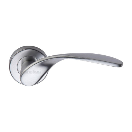 This is an image of a Heritage Brass - Door Handle Lever Latch on Round Rose Volo Design Satin Chrome finish, v1950-sc that is available to order from Trade Door Handles in Kendal.