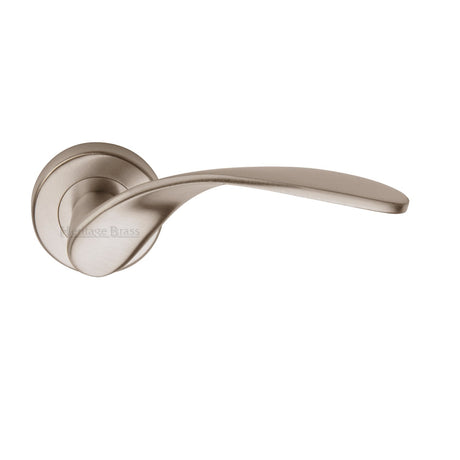 This is an image of a Heritage Brass - Door Handle Lever Latch on Round Rose Volo Design Satin Nickel finish, v1950-sn that is available to order from Trade Door Handles in Kendal.
