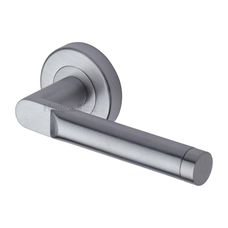 This is an image of a Heritage Brass - Door Handle Lever Latch on Round Rose Celia Design Satin Chrome finish, v7450-sc that is available to order from Trade Door Handles in Kendal.