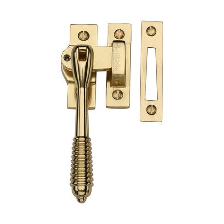 This is an image of a Heritage Brass - Lockable Mortice &amp; Hook Plate Casement Fastener Reeded Design Polished Brass finish, v894l-mp-hp-pb that is available to order from Trade Door Handles in Kendal.