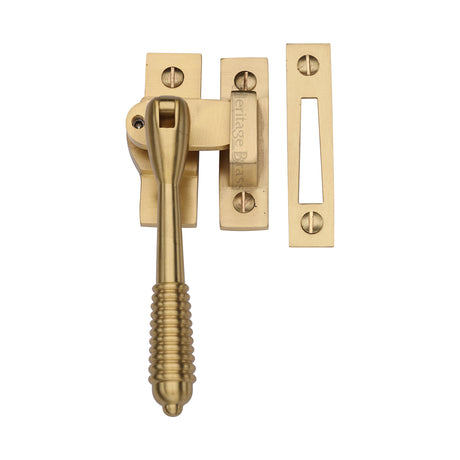 This is an image of a Heritage Brass - Lockable Mortice &amp; Hook Plate Casement Fastener Reeded Design Satin Brass finish, v894l-mp-hp-sb that is available to order from Trade Door Handles in Kendal.