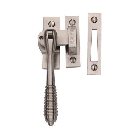 This is an image of a Heritage Brass - Lockable Mortice &amp; Hook Plate Casement Fastener Reeded Design Satin Nickel finish, v894l-mp-hp-sn that is available to order from Trade Door Handles in Kendal.