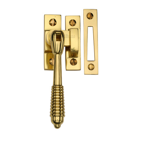 This is an image of a Heritage Brass - Mortice & Hook Plate Casement Fastener Reeded Design Polished Brass finish, v894-mp-hp-pb that is available to order from Trade Door Handles in Kendal.