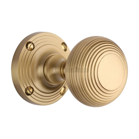 This is an image of a Heritage Brass - Mortice Knob on Rose Reeded Design Satin Brass Finish, v971-sb that is available to order from Trade Door Handles in Kendal.