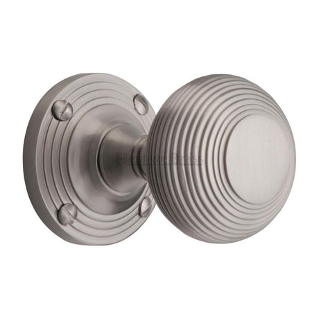 This is an image of a Heritage Brass - Mortice Knob on Rose Reeded Design Satin Nickel Finish, v971-sn that is available to order from Trade Door Handles in Kendal.