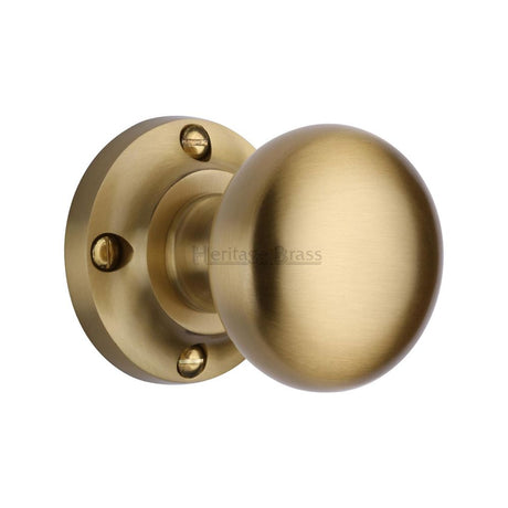 This is an image of a Heritage Brass - Mortice Knob on Rose Victoria Design Satin Brass Finish, v980-sb that is available to order from Trade Door Handles in Kendal.