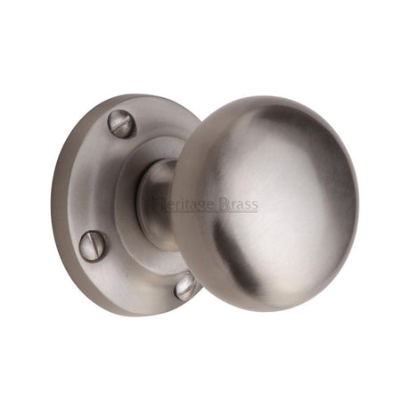 This is an image of a Heritage Brass - Mortice Knob on Rose Victoria Design Satin Nickel Finish, v980-sn that is available to order from Trade Door Handles in Kendal.