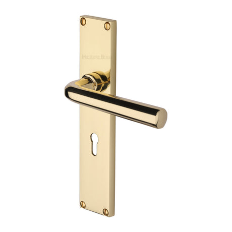 This is an image of a Heritage Brass - Octave Lever Lock Door Handle on 200mm Plate Polished Brass finish, vt5900-pb that is available to order from Trade Door Handles in Kendal.