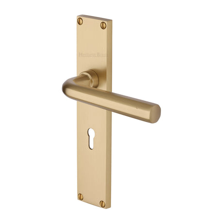 This is an image of a Heritage Brass - Octave Lever Lock Door Handle on 200mm Plate Satin Brass finish, vt5900-sb that is available to order from Trade Door Handles in Kendal.