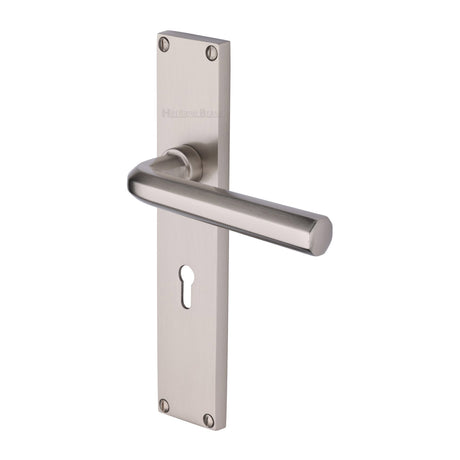 This is an image of a Heritage Brass - Octave Lever Lock Door Handle on 200mm Plate Satin Nickel finish, vt5900-sn that is available to order from Trade Door Handles in Kendal.