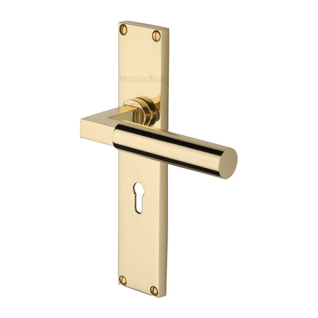 This is an image of a Heritage Brass - Bauhaus Lever Lock Door Handle on 200mm Plate Polished Brass finish, vt6300-pb that is available to order from Trade Door Handles in Kendal.