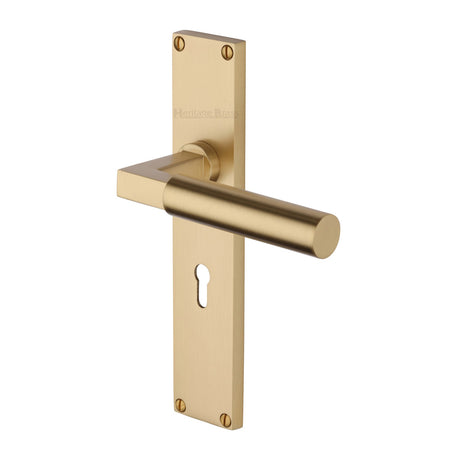 This is an image of a Heritage Brass - Bauhaus Lever Lock Door Handle on 200mm Plate Satin Brass finish, vt6300-sb that is available to order from Trade Door Handles in Kendal.