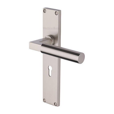 This is an image of a Heritage Brass - Bauhaus Lever Lock Door Handle on 200mm Plate Satin Nickel finish, vt6300-sn that is available to order from Trade Door Handles in Kendal.