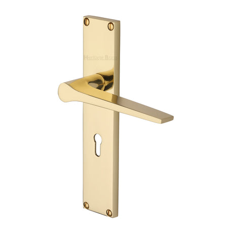 This is an image of a Heritage Brass - Gio Lever Lock Door Handle on 200mm Plate Polished Brass finish, vt8100-pb that is available to order from Trade Door Handles in Kendal.