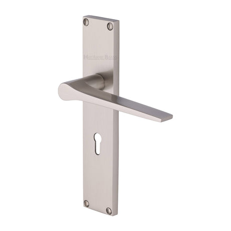 This is an image of a Heritage Brass - Gio Lever Lock Door Handle on 200mm Plate Satin Nickel finish, vt8100-sn that is available to order from Trade Door Handles in Kendal.