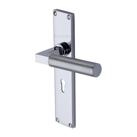 This is an image of a Heritage Brass - Bauhaus Knurled Lever Lock Door Handle on 200mm Plate Polished Chrome finish, vt9300-pc that is available to order from Trade Door Handles in Kendal.