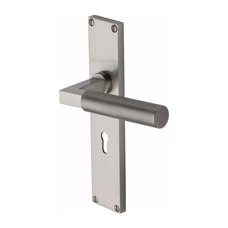 This is an image of a Heritage Brass - Bauhaus Knurled Lever Lock Door Handle on 200mm Plate Satin Nickel finish, vt9300-sn that is available to order from Trade Door Handles in Kendal.
