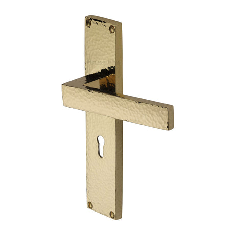 This is an image of a Heritage Brass - Delta Hammered Lever Lock Door Handle on 200mm Plate Polished Brass finish, vth3300-pb that is available to order from Trade Door Handles in Kendal.