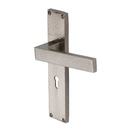 This is an image of a Heritage Brass - Delta Hammered Lever Lock Door Handle on 200mm Plate Satin Nickel finish, vth3300-sn that is available to order from Trade Door Handles in Kendal.