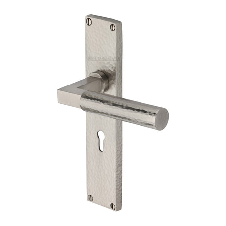 This is an image of a Heritage Brass - Bauhaus Hammered Lever Lock Door Handle on 200mm Plate Satin Nickel finish, vth4300-sn that is available to order from Trade Door Handles in Kendal.