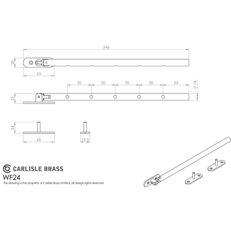 This image is a line drwaing of a Carlisle Brass - Round Casement Stay 346mm Length Grade 316 - Stainless Steel available to order from Trade Door Handles in Kendal