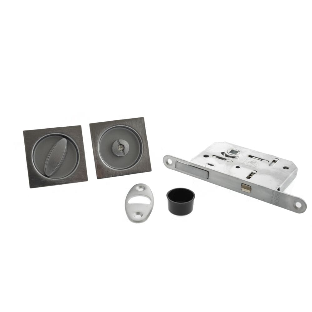 AGB Locks & Latches Satin Chrome / Sliding Door Locks / Square AGB Sliding Door Bathroom Lock Set with Square Flush Handle - Satin Chrome