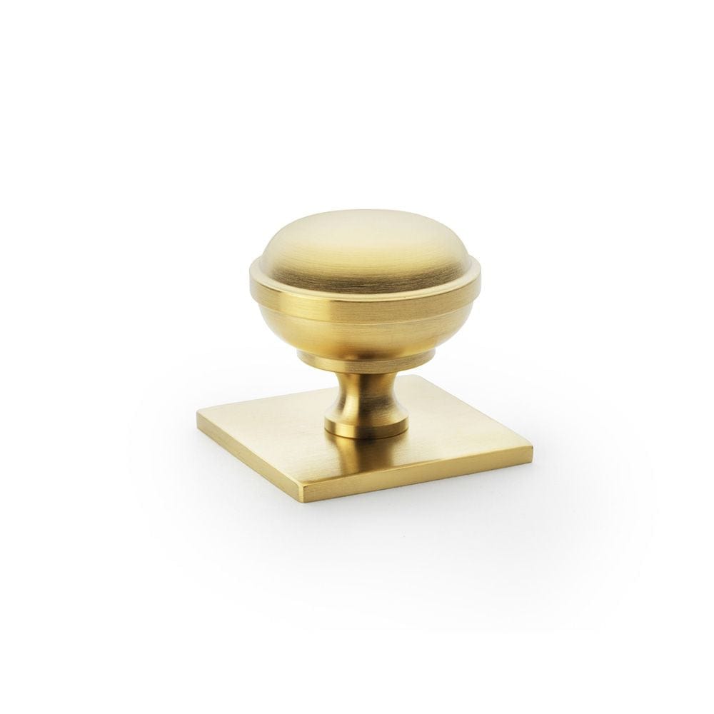 Alexander & Wilks Cabinet Hardware Satin Brass PVD / Cabinet Knobs / 34mm Dia. Alexander & Wilks Quantock Cupboard Knob on Square Backplate - Satin Brass PVD - 34mm