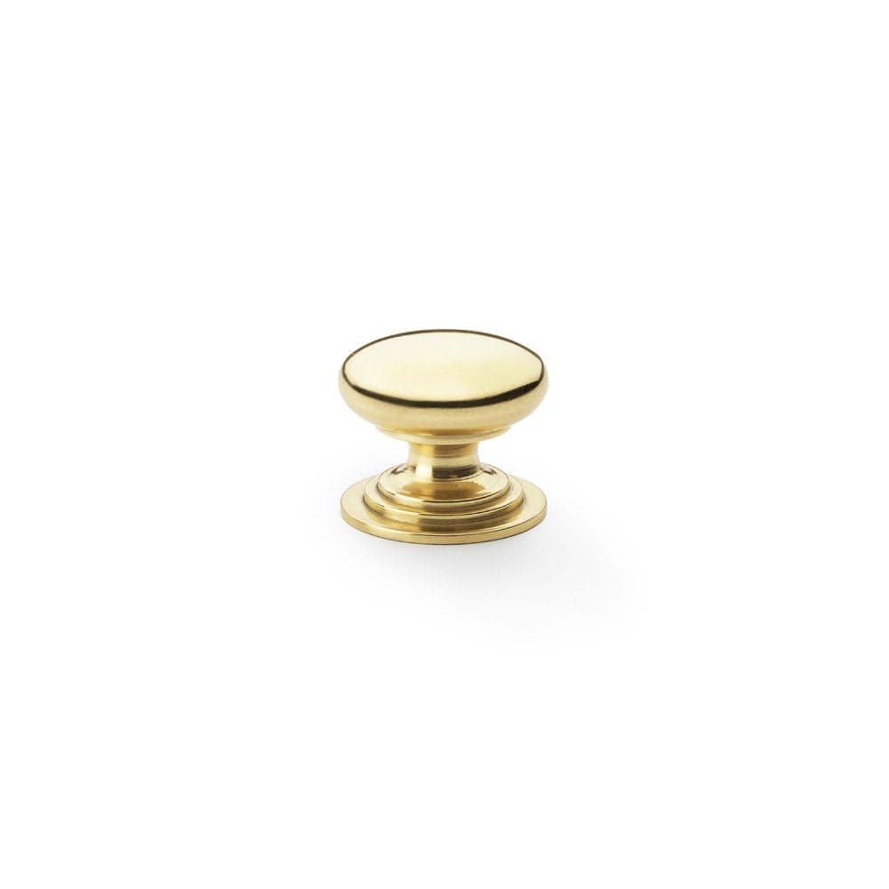 Alexander & Wilks Cabinet Hardware Polished Brass Lacquered / Cabinet Knobs / 25mm Dia. Alexander & Wilks Waltz Round Cupboard Knob on Stepped Rose - Polished Brass - 25mm