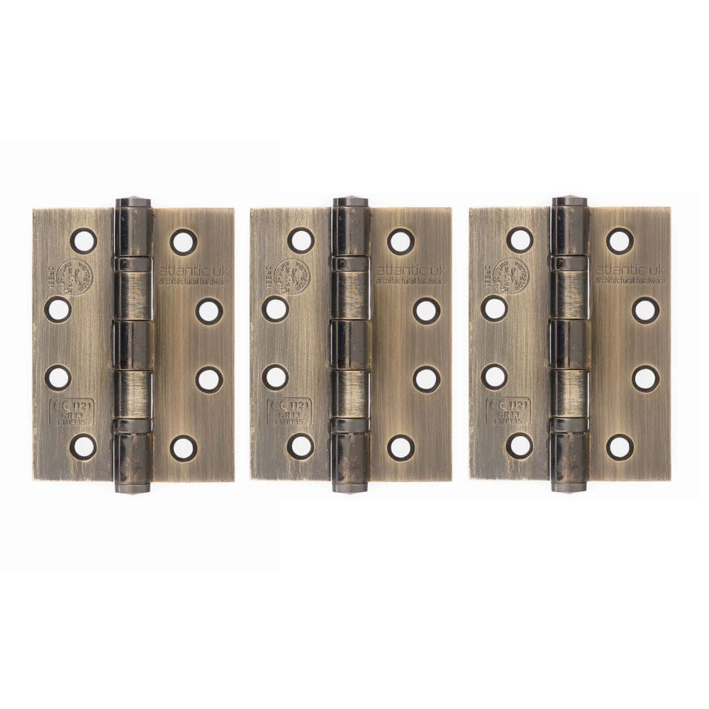 Atlantic Hardware Hinges Antique Brass / Ball Bearing Hinges / 4" x (102mm) Atlantic Ball Bearing Hinges Grade 13 Fire Rated 4" x 3" x 3mm set of 3 - Antiqu