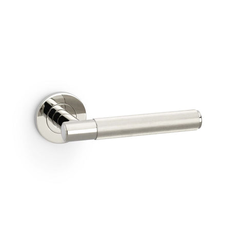 This is an image showing Alexander & Wilks Spitfire Reeded Lever on Round Rose - Polished Nickel PVD aw222pnpvd available to order from Trade Door Handles in Kendal, quick delivery and discounted prices.