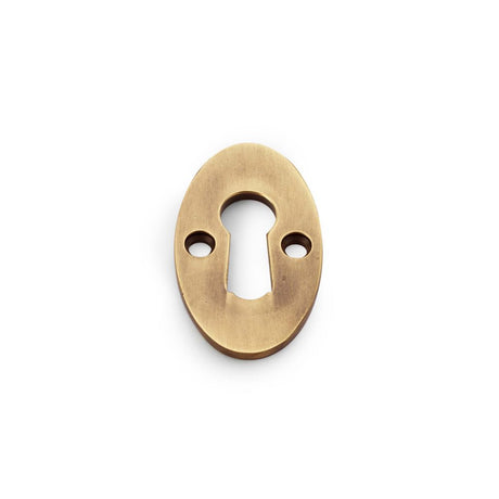This is an image showing Alexander & Wilks Standard Key Profile Ellipse Escutcheon - Antique Brass aw383-ab available to order from Trade Door Handles in Kendal, quick delivery and discounted prices.
