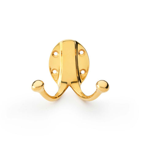 This is an image showing Alexander & Wilks Traditional Double Robe Hook - Unlacquered Brass aw771ub available to order from Trade Door Handles in Kendal, quick delivery and discounted prices.